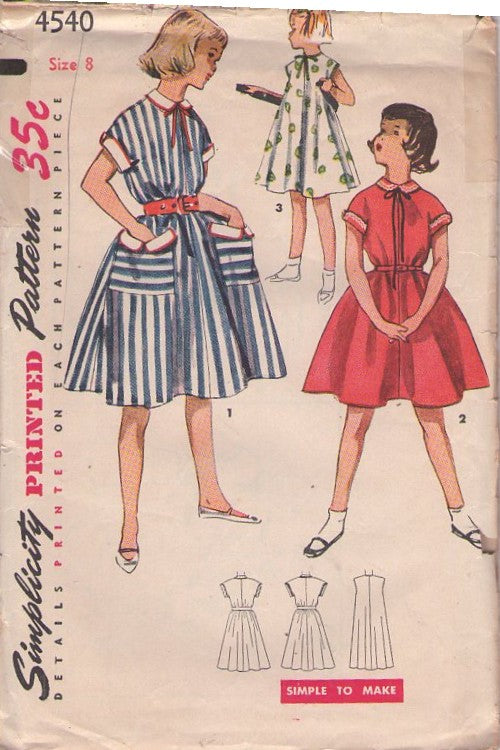 Simplicity 4540 Vintage 50's Sewing Pattern Girl's Day Dresses, Huge Novelty Pockets, Flared Tent Dress, House Dress, 3 Styles Size 8