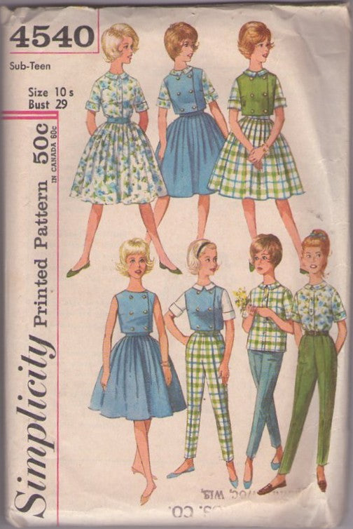 Simplicity 4540 Vintage 60's Sewing Pattern Teen Weekend Wardrobe, Separates, Rockabilly Secretary Topper, Cigarette Pants, Pleated Skirt, Blouse Size 12S