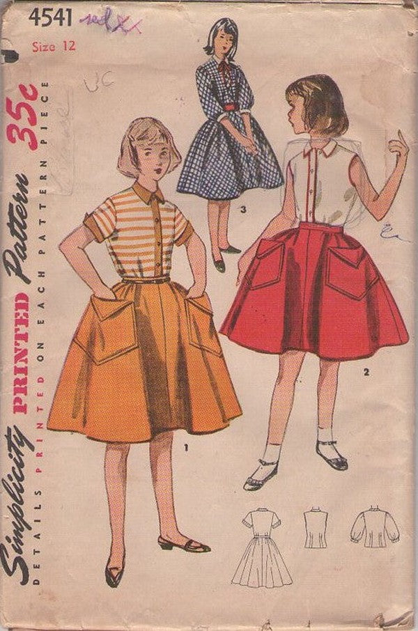 Simplicity 4541 Vintage 50's Sewing Pattern Girl's Separates, Teen Blouse, Modest Envelope Flap Pockets Skirt Size 12