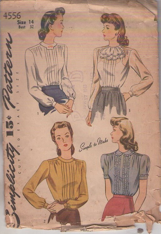 Simplicity 4556 Vintage 40's Sewing Pattern Blouse Set, Demure, Simple to Make Blouses, Pleats, Ascot, Collar Variations 3 Styles Size 14