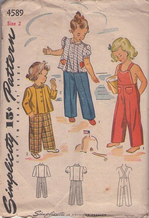 Simplicity 4589 Vintage 40's Sewing Pattern Girl's Overalls, Smock Top Blouse, Criss Cross Suspender Straps, Heart Pockets Size 2
