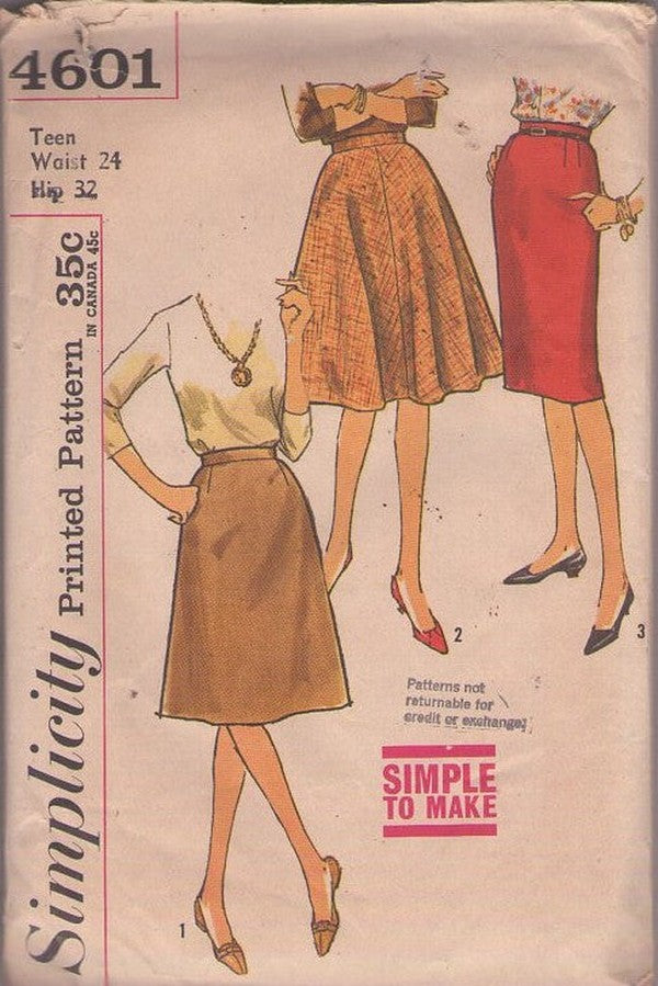 Simplicity 4601 Vintage 60's Sewing Pattern Easy Secretary Skirt Set, Slim, A-Line or Flared Waist 24