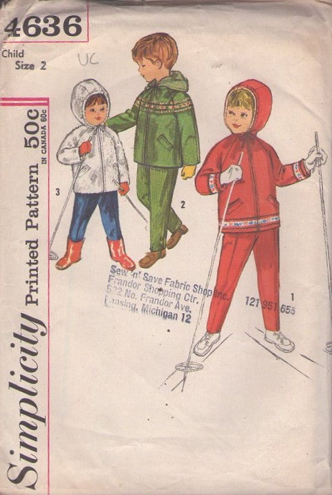 Simplicity 4636 Vintage 60's Sewing Pattern Childs' Outerwear, Boys' & Girl's Snow Bunny Hooded Jacket, Faux Fur Coat, Suspender Pants Ski Set Size 2
