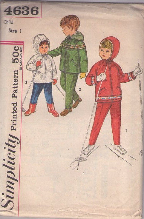 Simplicity 4636 Vintage 60's Sewing Pattern Childs' Outerwear, Boys' & Girl's Snow Bunny Hooded Jacket, Faux Fur Coat, Suspender Pants Ski Set Size 1