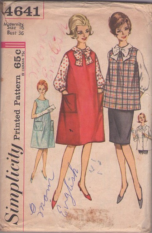 Simplicity 4641 Vintage 60's Sewing Pattern Mother To Be Separates, Secretary Pussycat Bow Button Front Blouse, Flared Top, Jumper, Dress & Kangaroo Tie Front Skirt Size 16