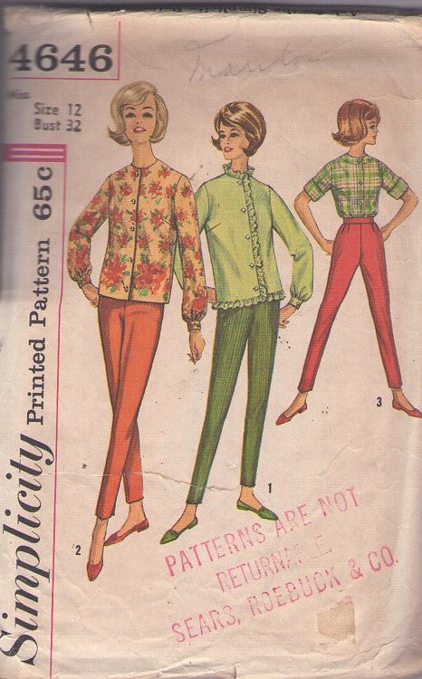 Simplicity 4646 Vintage 60's Sewing Pattern Mod Separates, Gidget Style, Mad Men Everyday Tapered Cigarette Pants, Slacks, Button Up Blouse 3 Styles Size 12
