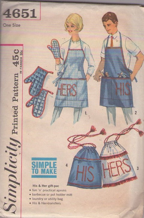 Simplicity 4651 Vintage 60's Sewing Pattern Easy Aprons Set, His & Hers Halter Top Butcher Apron, Potholder Mitt, Drawstring Bag, Embroidery One Size