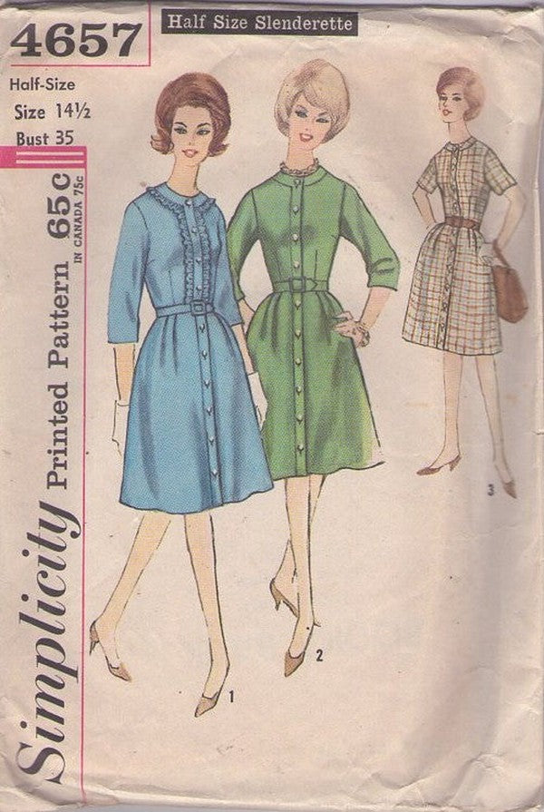 Simplicity 4657 Vintage 60's Sewing Pattern Day Dress, Slenderette, Front Buttoned Coat Dress, Prissy Lace Ruffle Trim Size 14.5