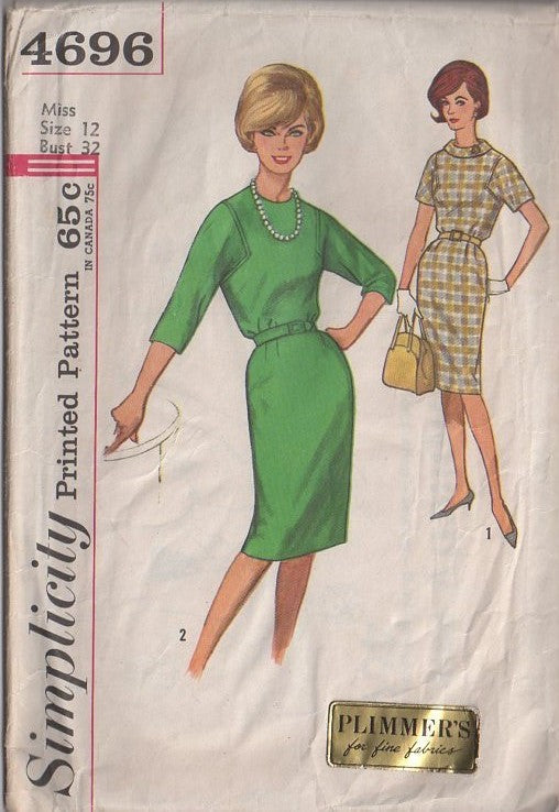 Simplicity 4696 Vintage 60's Sewing Pattern Rockabilly Dress, Mad Men Joan Square Inset Armholes Slim Fitting Sheath Dress Size 12