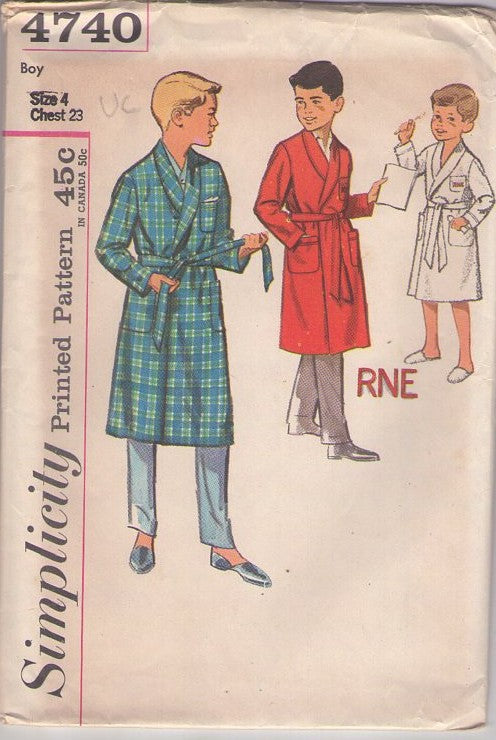Simplicity 4740 Vintage 60's Sewing Pattern Boys' Robes, Shawl Collar Bathrobe, Bath Robe Set, Monogram Transfer Size 4
