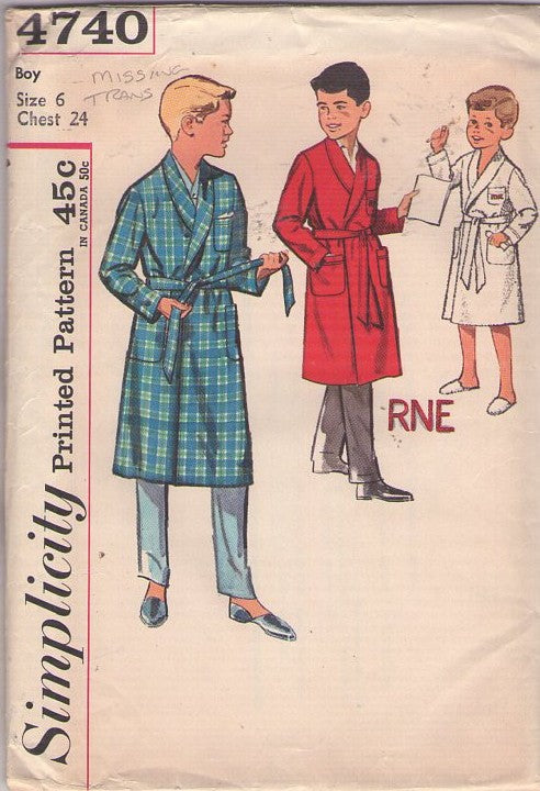 Simplicity 4740 Vintage 60's Sewing Pattern Boys' Robes, Shawl Collar Bathrobe, Bath Robe Set, Monogram Transfer Size 6
