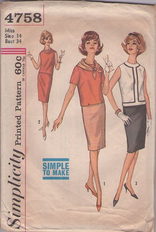 Simplicity 4758 Vintage 60's Sewing Pattern Secretary Separates, Slim Pencil Skirt, Blouse, Neck Scarf Size 14