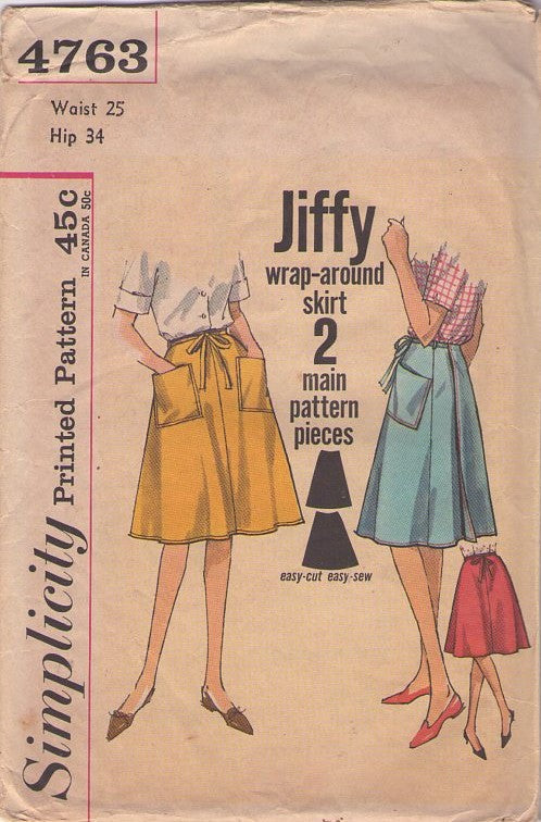 Simplicity 4763 Vintage 60's Sewing Pattern Jiffy Skirts, Wrap Around, Easy To Sew Flared Skirt Waist 25 Size S