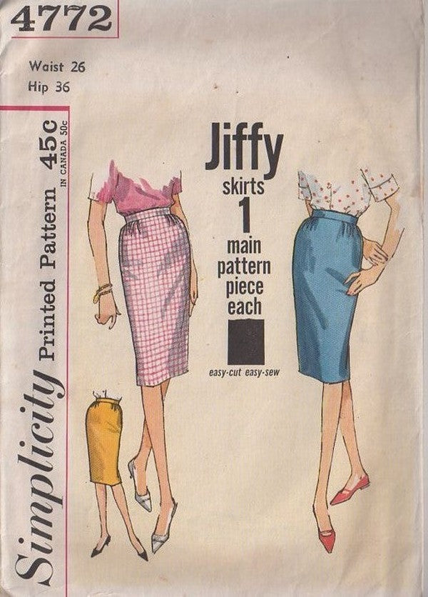 Simplicity 4772 Vintage 60's Sewing Pattern Easy Skirts, One 1 Piece Jiffy Sheath Skirt Waist 26 Size M