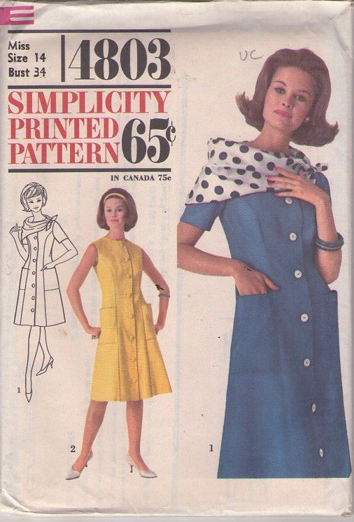 Simplicity 4803 Vintage 60's Sewing Pattern Coat Dress, Mod Housewife, Princess Seams, Front Buttoned Coatdress, Scarf Size 14