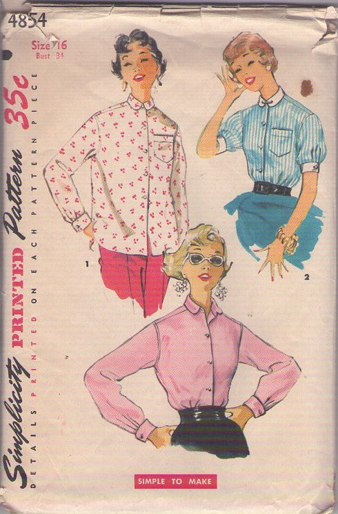Simplicity 4854 Vintage 50's Sewing Pattern Blouse Set, Button Front, Collar and Sleeve Choices, 2 Styles Size 16