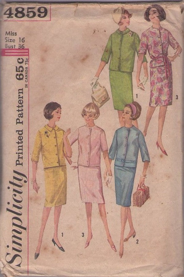 Simplicity 4859 Vintage 60's Sewing Pattern Suit Dress, Cardigan Jacket Top, Slim Sheath Skirt Size 16