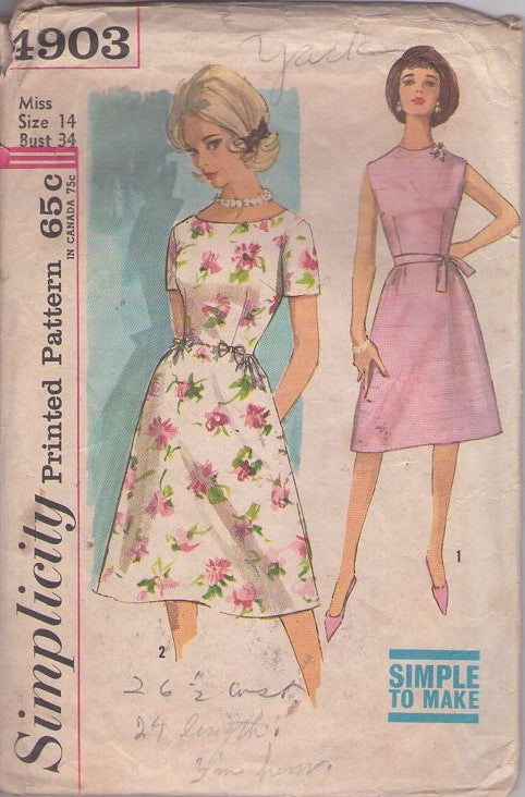 Simplicity 4903 Vintage 60's Sewing Pattern Rockabilly Dress Set, Simple to Make Mad Men Day Dress, A-Line Skirt, 2 Styles Size 14