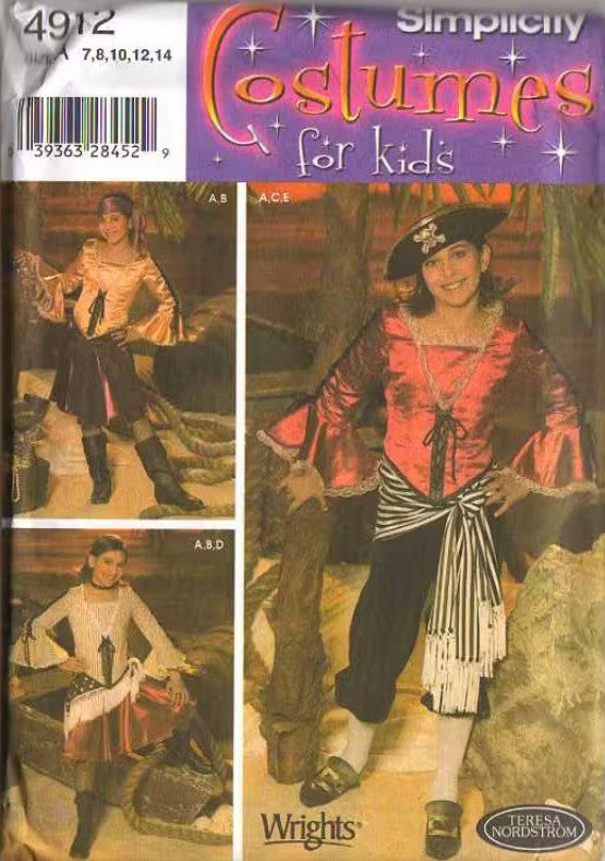 Simplicity 4912 509 Retro Sewing Pattern Pirate Costumes, Pirates of the Caribbean, Elizabeth Swan Pirate Top, Skirt, Breeches, Scarf & Sash Girl's 7-14