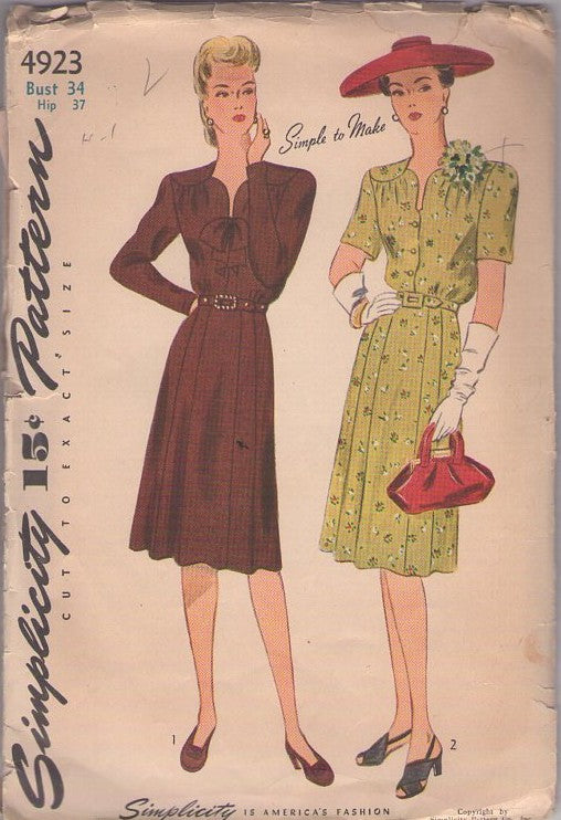 Simplicity 4923 Vintage 40's Sewing Pattern WW2 Day Dress, Swing Era Shaped Neckline Panel Skirt Shirtwaist Day Dress, 2 Styles Size 16