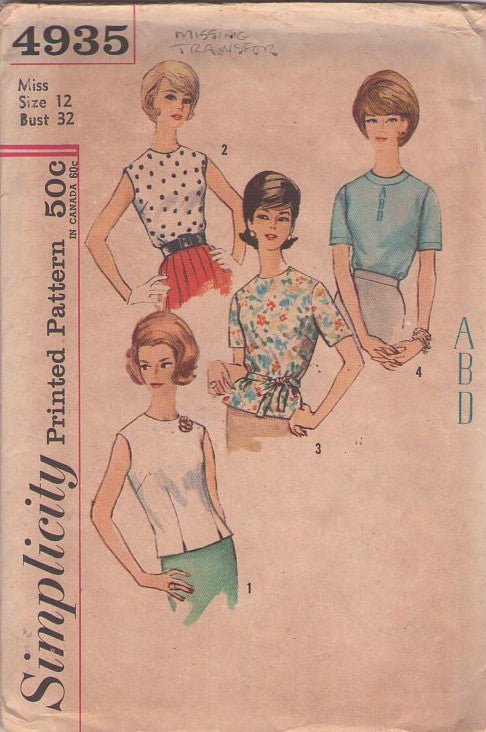 Simplicity 4935 Vintage 60's Sewing Pattern Blouse Set, Mad Men Housewife Every Day Secretary Back Buttoned Blouse, Top Set 4 Styles Size 12