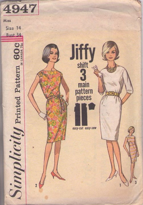 Simplicity 4947 Vintage 60's Sewing Pattern Jiffy Straight Dress, Rockabilly Mad Men, Bateau Neck Size 14