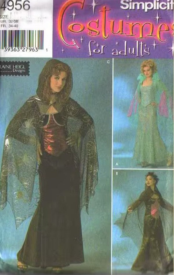 Simplicity 4956 Retro Sewing Pattern Vampire Costumes, Gothic Fantasy Elvira Vampire Corset Top, Mermaid Skirt, Cape 6-12