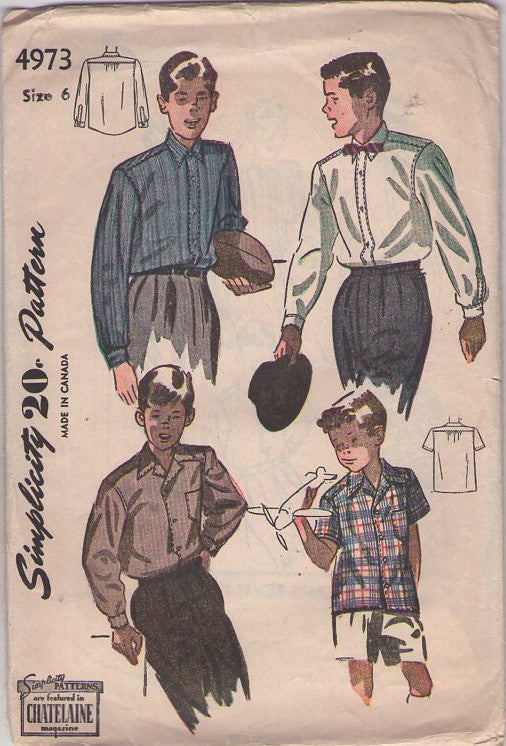 Simplicity 4973 Vintage 40's Sewing Pattern Boys' Shirts, Featured in Chatelaine Magazine School Dress Shirt Set Size 6