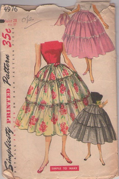 Simplicity 4976 Vintage 50's Sewing Pattern Rockabilly Skirt Set, Full Flared, Tiered, Gathered Dance Party Skirts Waist 28 Size L