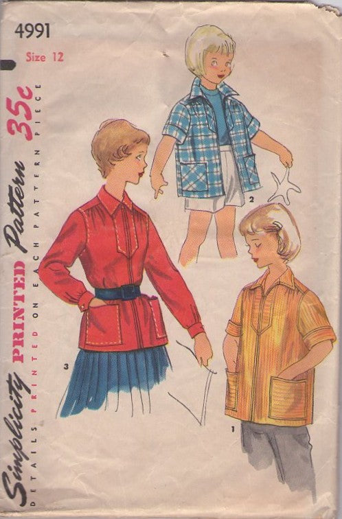 Simplicity 4991 Vintage 50's Sewing Pattern Girl's Jackets, Rockabilly Era Poncho Jacket, Zipper Shirt Size 12