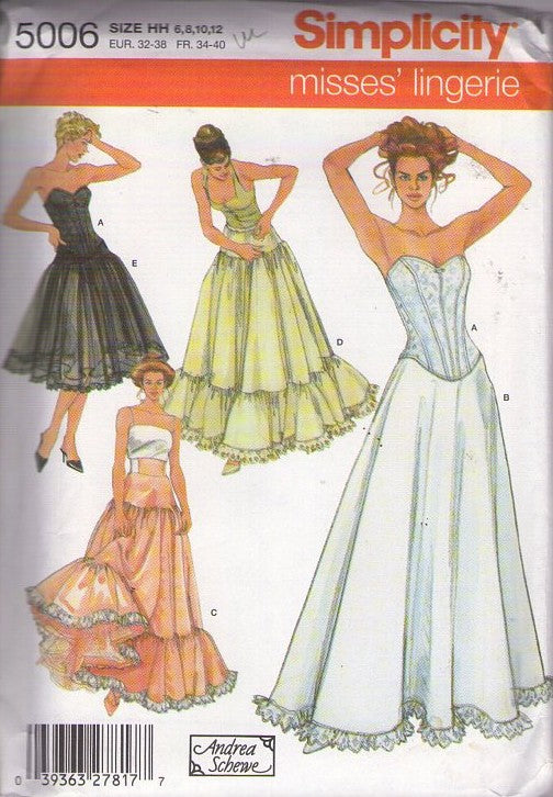 Simplicity 5006 Retro 2004 Sewing Pattern Designer Wedding Lingerie, Designer Andrea Schewe, Full Flared Fluffy Rockabilly Tulle Crinoline, Formal Wedding Slip, Boned Corset Bustier Size 6-12
