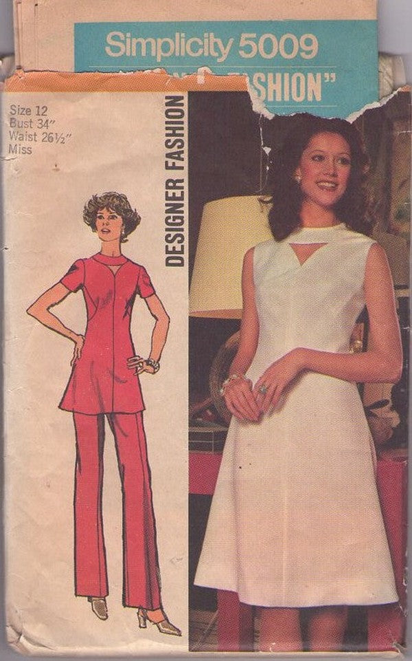 Simplicity 5009 Vintage 70's Sewing Pattern Mod Pantsuit, Dress, Designer Fashion, Cut Out Peekaboo Keyhole Tunic Top, Party Dress & Pants Size 12 CUT