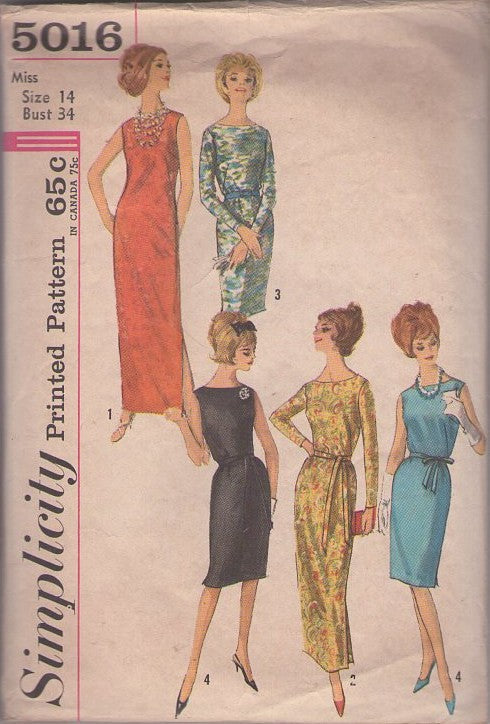 Simplicity 5016 Vintage 60's Sewing Pattern Rockabilly Dresses. Vixen, Mad Men Bateau Neck Sheath Dress, Cocktail Party Gown Set Size 14