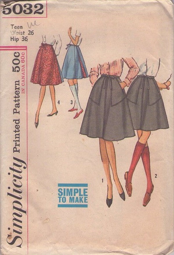 Simplicity 5032 Vintage 60's Sewing Pattern Wrap Skirts, Simple to Make Skirt, Rockabilly Reversible Wrap Around Flared Skirt, Shaped Pockets, 4 Styles Size 26 Size M