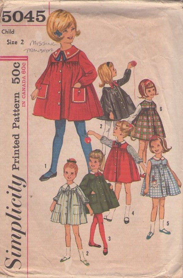 Simplicity 5045 Vintage 60's Sewing Pattern Girl's Smock Dress, Front Buttons, Full Flared Smock Top, Jumper, Dress, 6 Styles Size 2