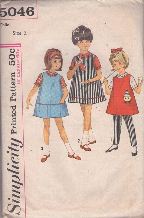 Simplicity 5046 Vintage 60's Sewing Pattern Girls' A-Line Jumper Dress, Pockets, Tapered Pants, Peter Pan Collar Blouse CLOWN APPLIQUE Size 2