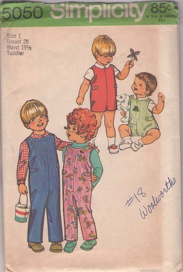 Simplicity 5050 Vintage 70's Sewing Pattern Toddlers' Jumpsuits, Shoulder Buttoned Snap Crotch Overalls, Coveralls, Sunsuit, Romper Size 1