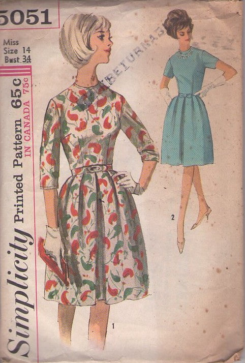Simplicity 5051 Vintage 60's Sewing Pattern Day Dress, High Neckline, Belled Box Pleats Skirt, Cocktail Party Dress Size 14