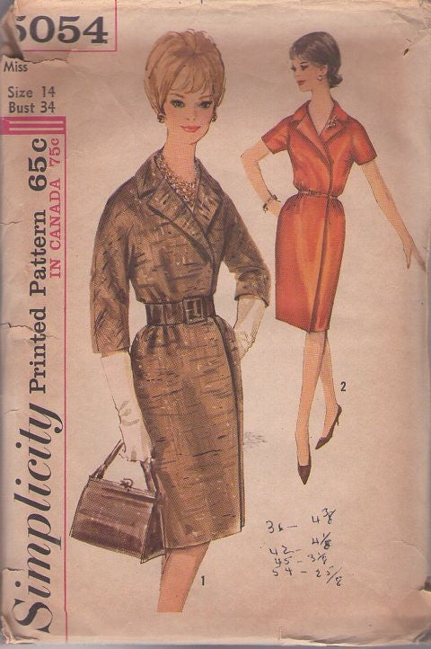 Simplicity 5054 Vintage 60's Sewing Pattern Secretary Wrap Dress, Mad Men, Collared Dolman Sleeve Front Wrap Around Day Dress Size 14