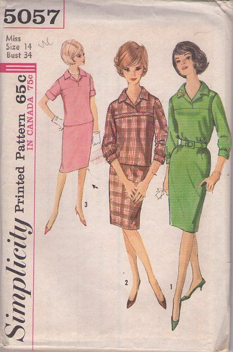 Simplicity 5057 Vintage 60's Sewing Pattern Mod 2 Piece Dress, Collared Top & Slender Skirt, Slim Straight Dress 3 Styles Size 14