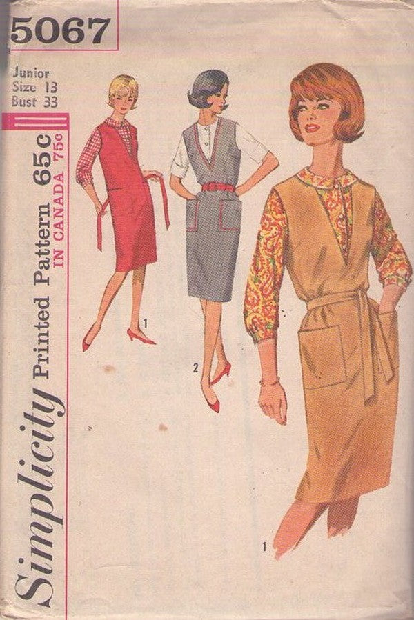 Simplicity 5067 Vintage 60's Sewing Pattern Day Plunging V Neck Secretary Jumper, Dress, Tie Belt, Flat Collar Button Up Blouse Size 13