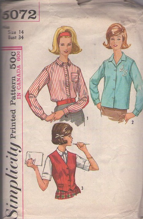 Simplicity 5072 Vintage 60's Sewing Pattern Mod Blouse Set, Kate Hepburn Style, Monogram Blouse, Vest, Elbow Patches Set Size 14 CUT