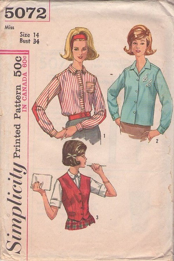 Simplicity 5072 Vintage 60's Sewing Pattern Mod Blouse Set, Kate Hepburn Style, Monogram Shirt, Vest, Elbow Patches Size 14 UNCUT