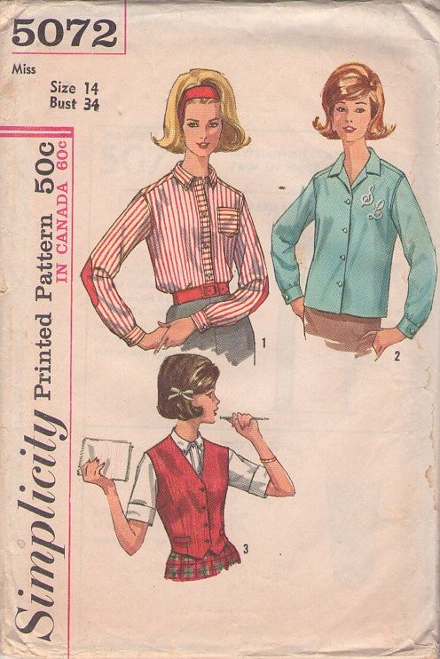 Simplicity 5072 Vintage 60's Sewing Pattern Mod Blouse Set, Kate Hepburn Style, Monogram Shirt, Vest, Elbow Patches Size 14 UNCUT