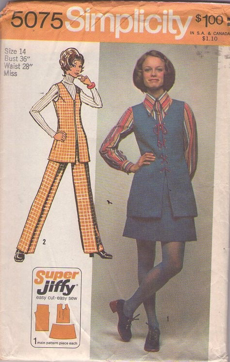 Simplicity 5075 Vintage 70's Sewing Pattern Super Jiffy Separates, V Neck, Front Zippered Tunic Top, Vest, Mini Skirt, Creased Pants Size 14