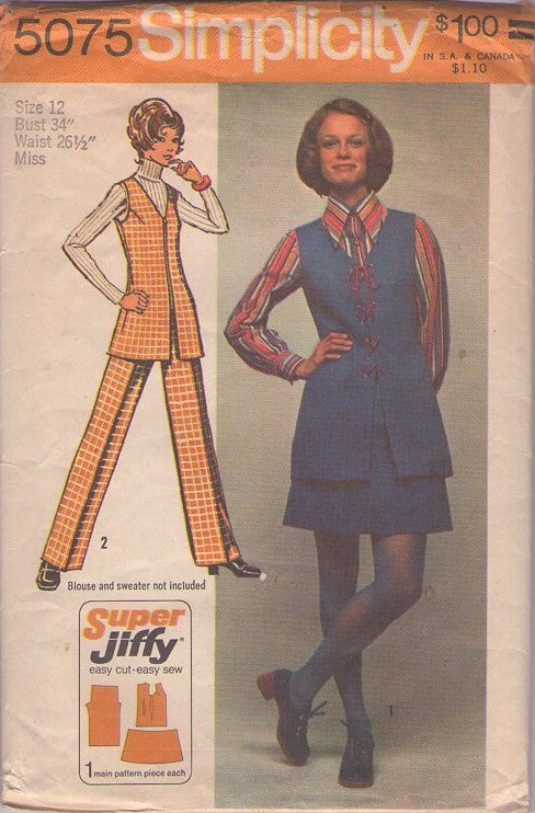 Simplicity 5075 Vintage 70's Sewing Pattern Super Jiffy Separates, V Neck, Front Zippered Tunic Top, Vest, Mini Skirt, Creased Pants Size 12