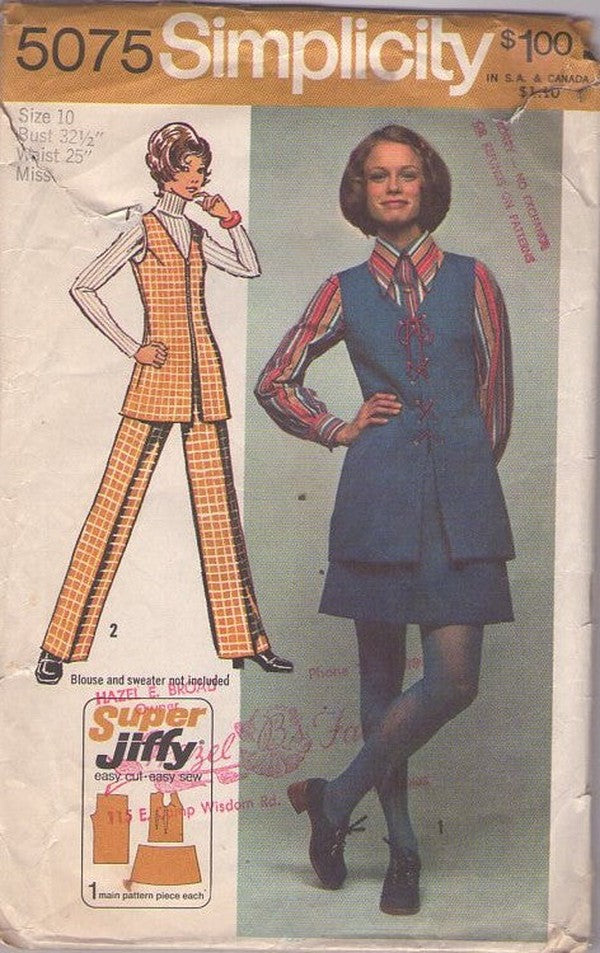 Simplicity 5075 Vintage 70's Sewing Pattern Super Jiffy Separates, V Neck, Front Zippered Tunic Top, Vest, Mini Skirt, Creased Pants Size 10