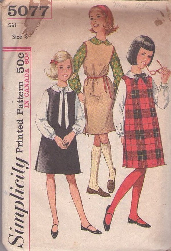 Simplicity 5077 Vintage 60's Sewing Pattern Girls' Mod Jumper, School Dress, Blouse Set Size 8
