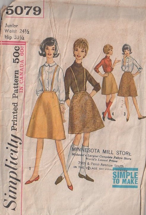 Simplicity 5079 Vintage 60's Sewing Pattern Easy Skirts, Simple to Sew A-Line Twiggy Mod Skirt Set, Detachable Suspenders Waist 24.5 Size S