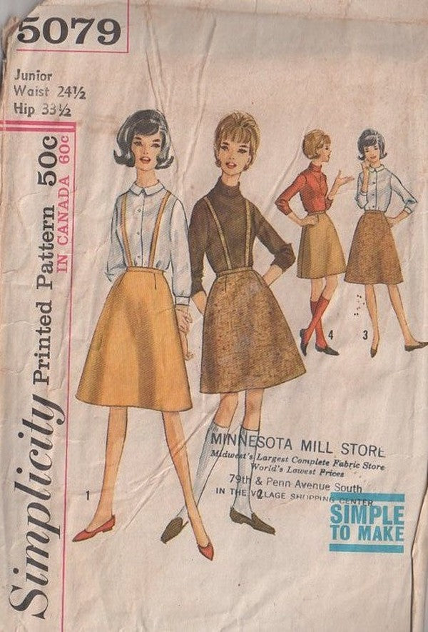 Simplicity 5079 Vintage 60's Sewing Pattern Easy Skirts, Simple to Sew A-Line Twiggy Mod Skirt Set, Detachable Suspenders Waist 24.5 Size S